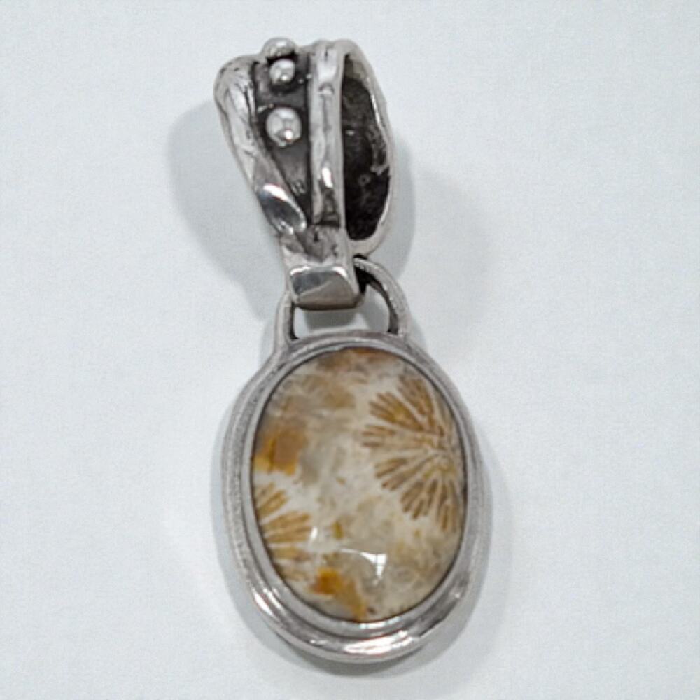 Shreve Saville Signed Sterling Silver Fossilized Coral Oval Pendant 11.3g